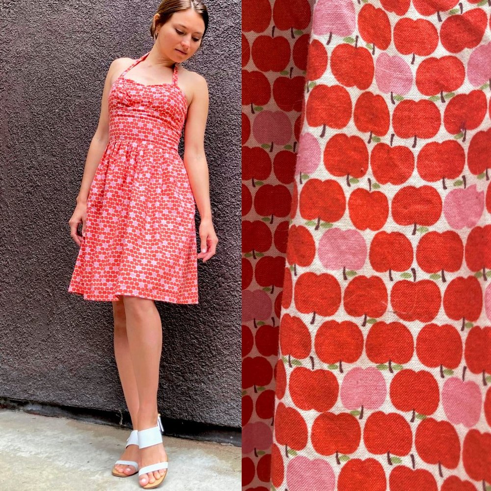 Vintage Style Red Apple Print Dress, Tie Neck Fit and Flare Sundress, Novelty